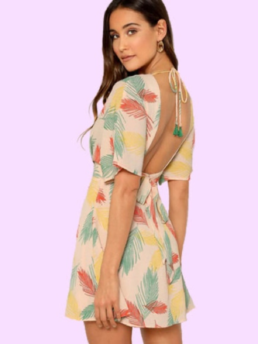 Flowy Summer Tropical Open Back Short Dress, Plunge Neckline, Unbranded, XL